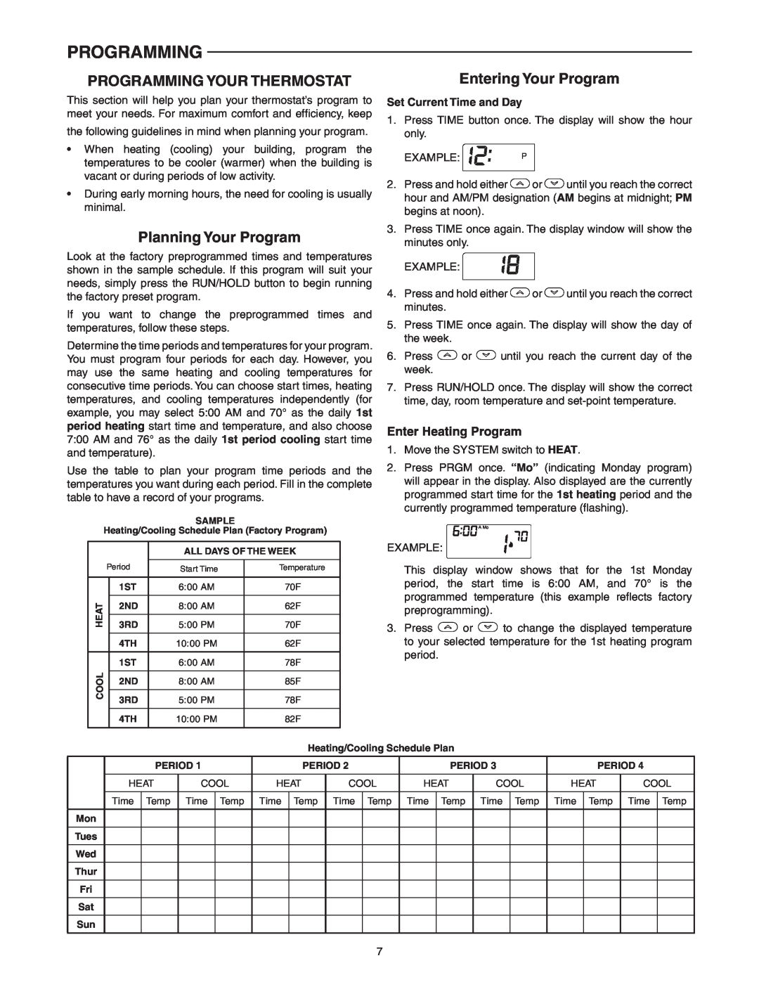 White Rodgers 1F87-0261 specifications Programming Your Thermostat, Planning Your Program, Entering Your Program 
