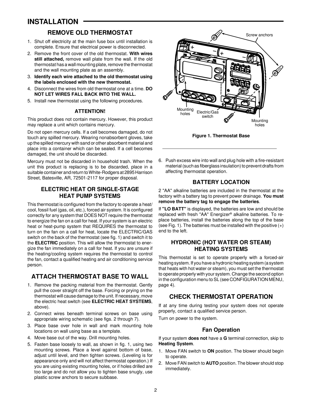 White Rodgers 1F87-251 Installation, Remove OLD Thermostat, Attach Thermostat Base to Wall, Check Thermostat Operation 