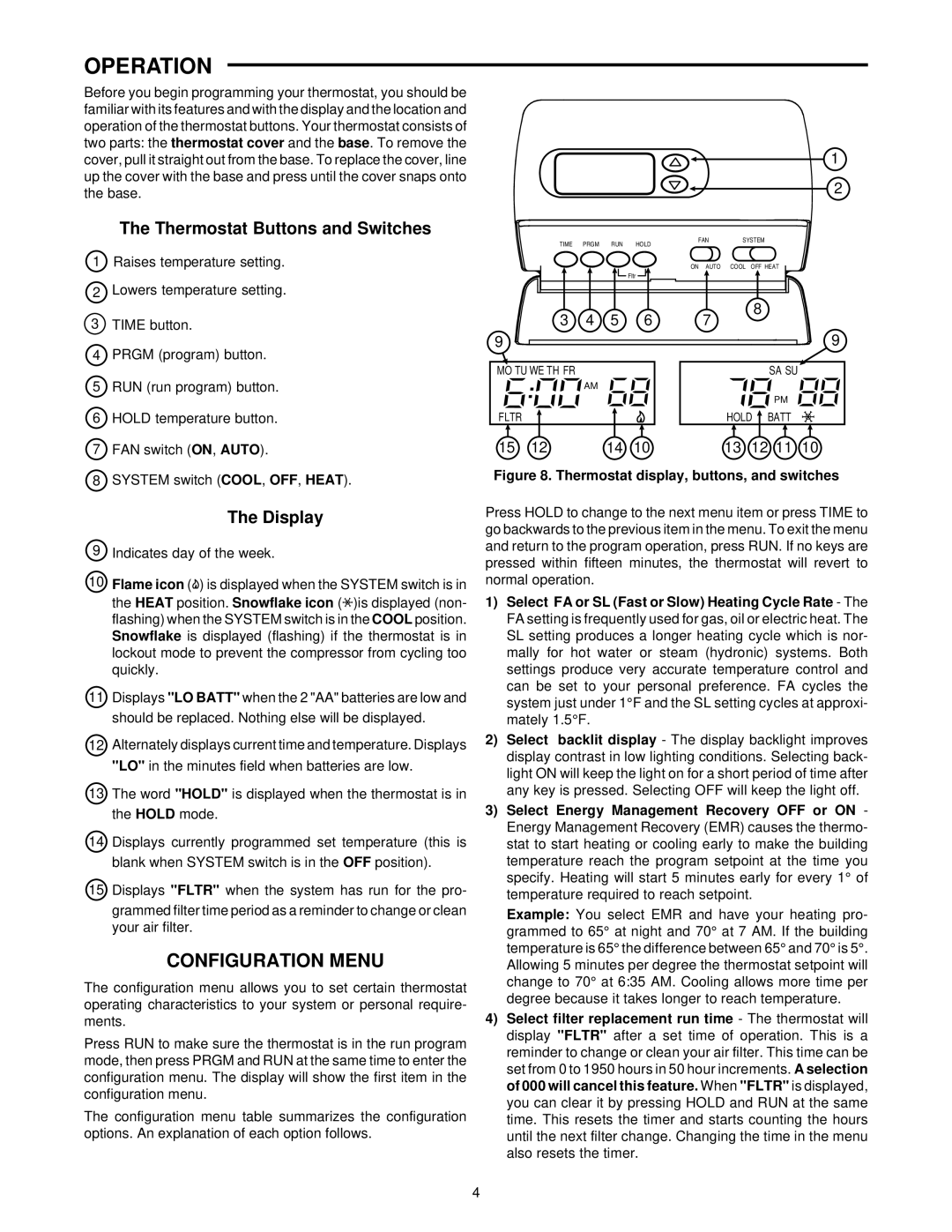 White Rodgers 1F87-251 specifications Operation, Configuration Menu, Thermostat Buttons and Switches, Display 