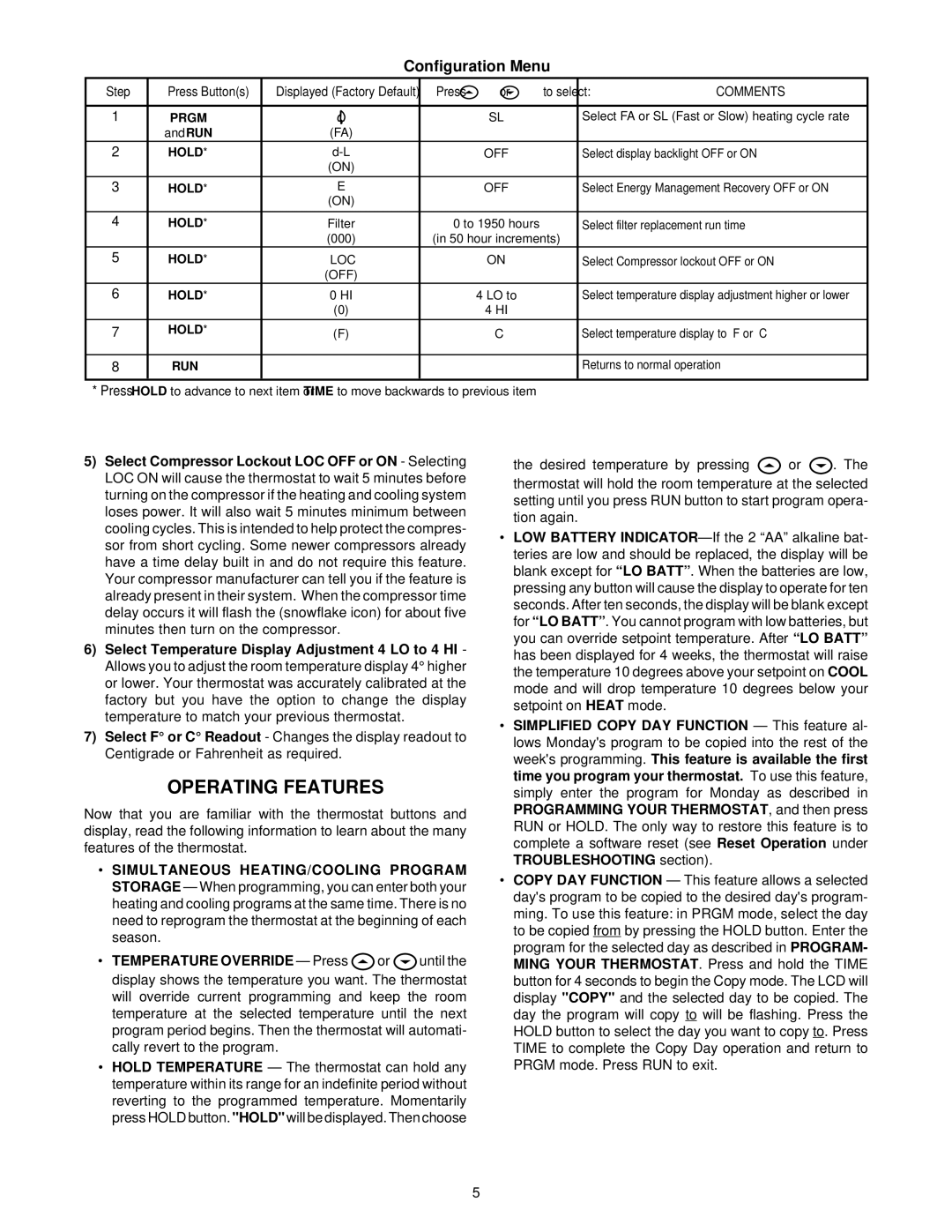 White Rodgers 1F87-251 specifications Operating Features, Configuration Menu 