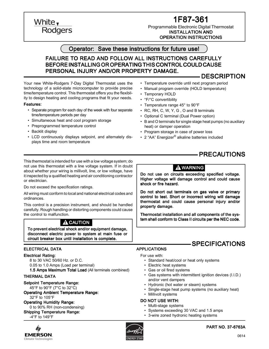 White Rodgers 1F87-361 specifications Description, Precautions, Specifications 