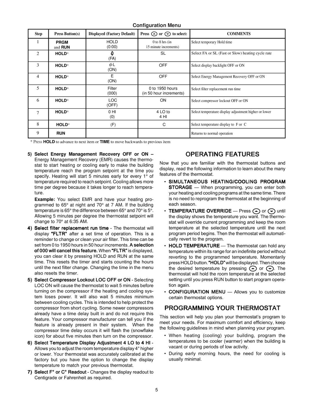 White Rodgers 1F87-361 specifications Operating Features, Programming Your Thermostat, Configuration Menu 