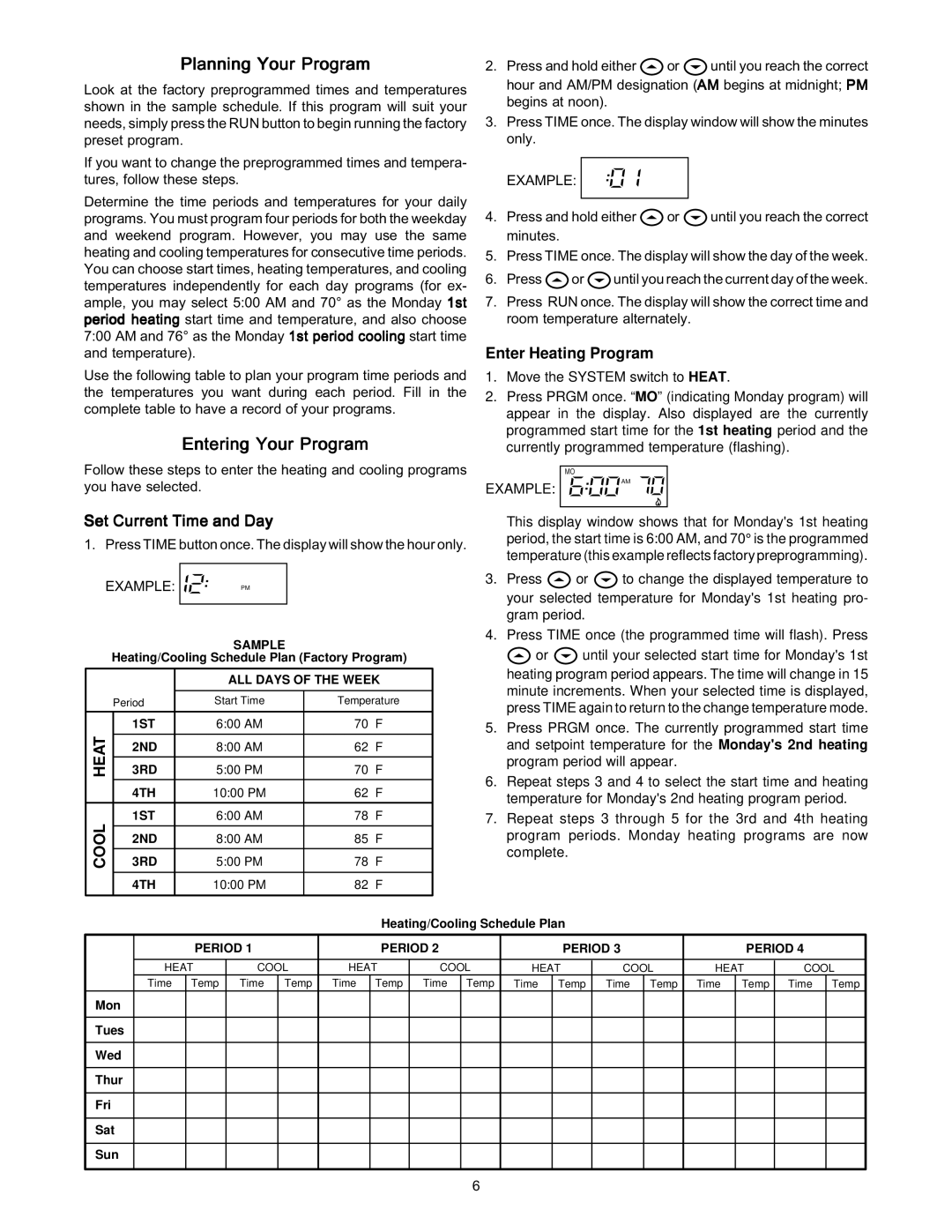 White Rodgers 1F87-361 Planning Your Program, Entering Your Program, Enter Heating Program, Set Current Time and Day 