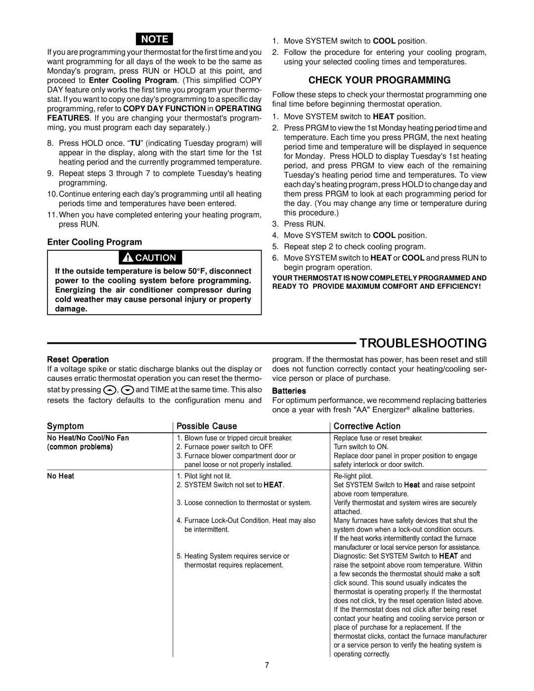 White Rodgers 1F87-361 Troubleshooting, Enter Cooling Program, Symptom Possible Cause Corrective Action, Reset Operation 