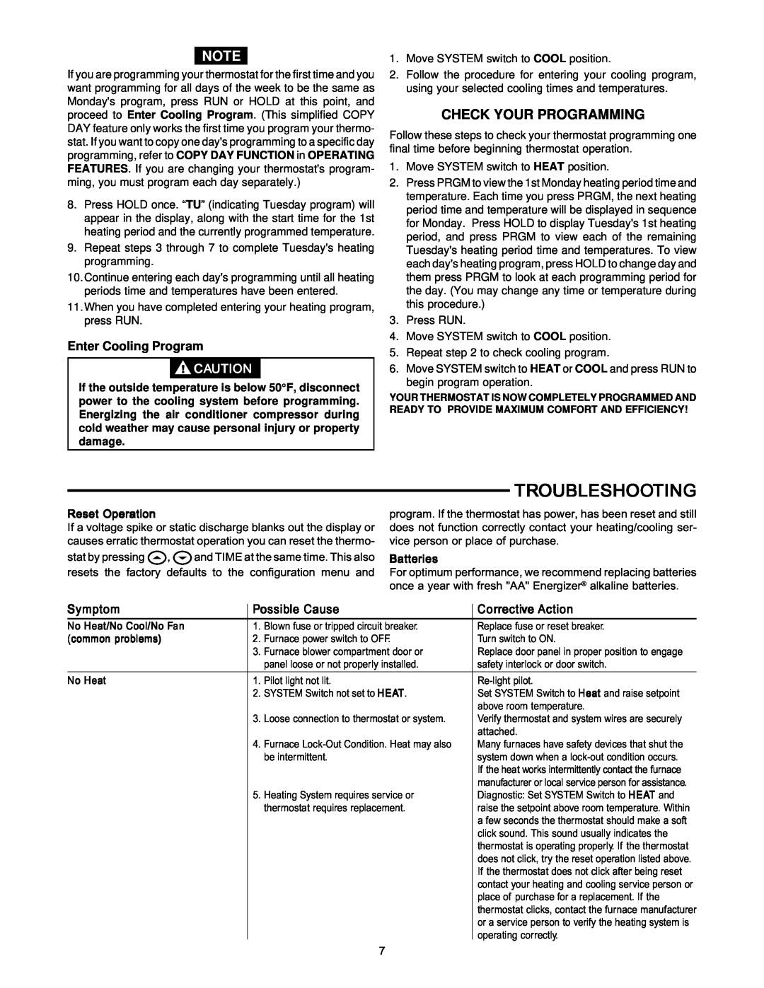 White Rodgers 1F87-361 specifications Troubleshooting, Enter Cooling Program, Symptom, Possible Cause, Corrective Action 