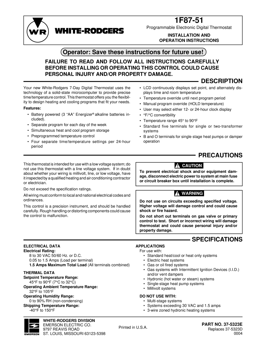 White Rodgers 1F87-51 specifications Description, Precautions, Specifications, Part no -5323E 