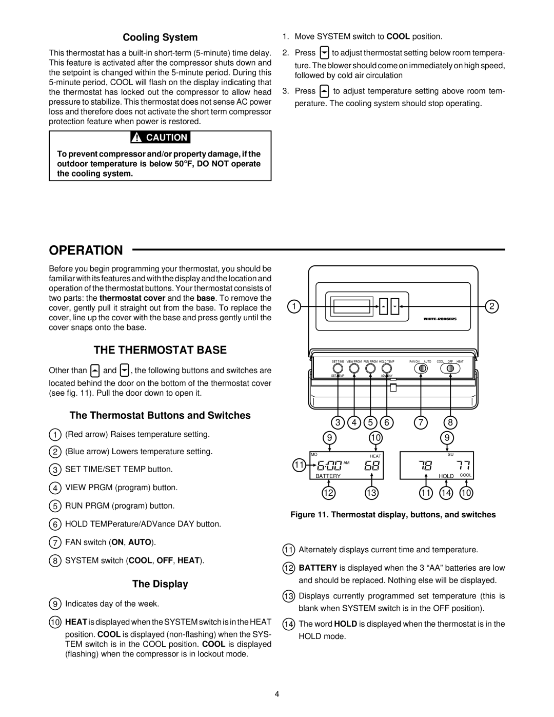 White Rodgers 1F87-51 specifications Operation, Thermostat Base, Cooling System, Thermostat Buttons and Switches, Display 