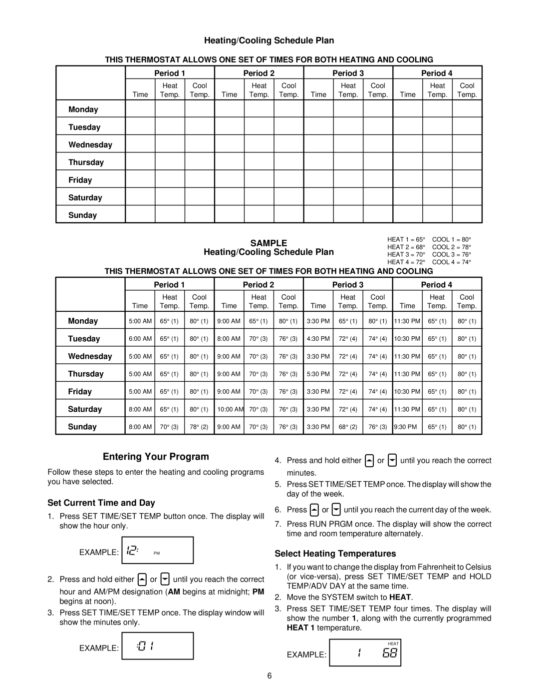 White Rodgers 1F87-51 specifications Entering Your Program, Heating/Cooling Schedule Plan, Set Current Time and Day 