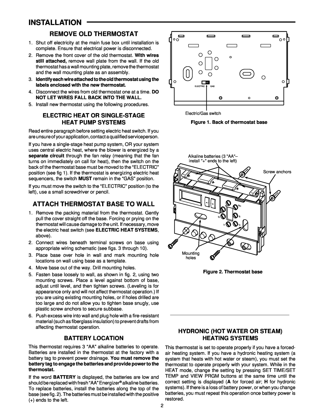 White Rodgers 1F87-51 specifications Installation, Remove Old Thermostat, Attach Thermostat Base To Wall, Battery Location 
