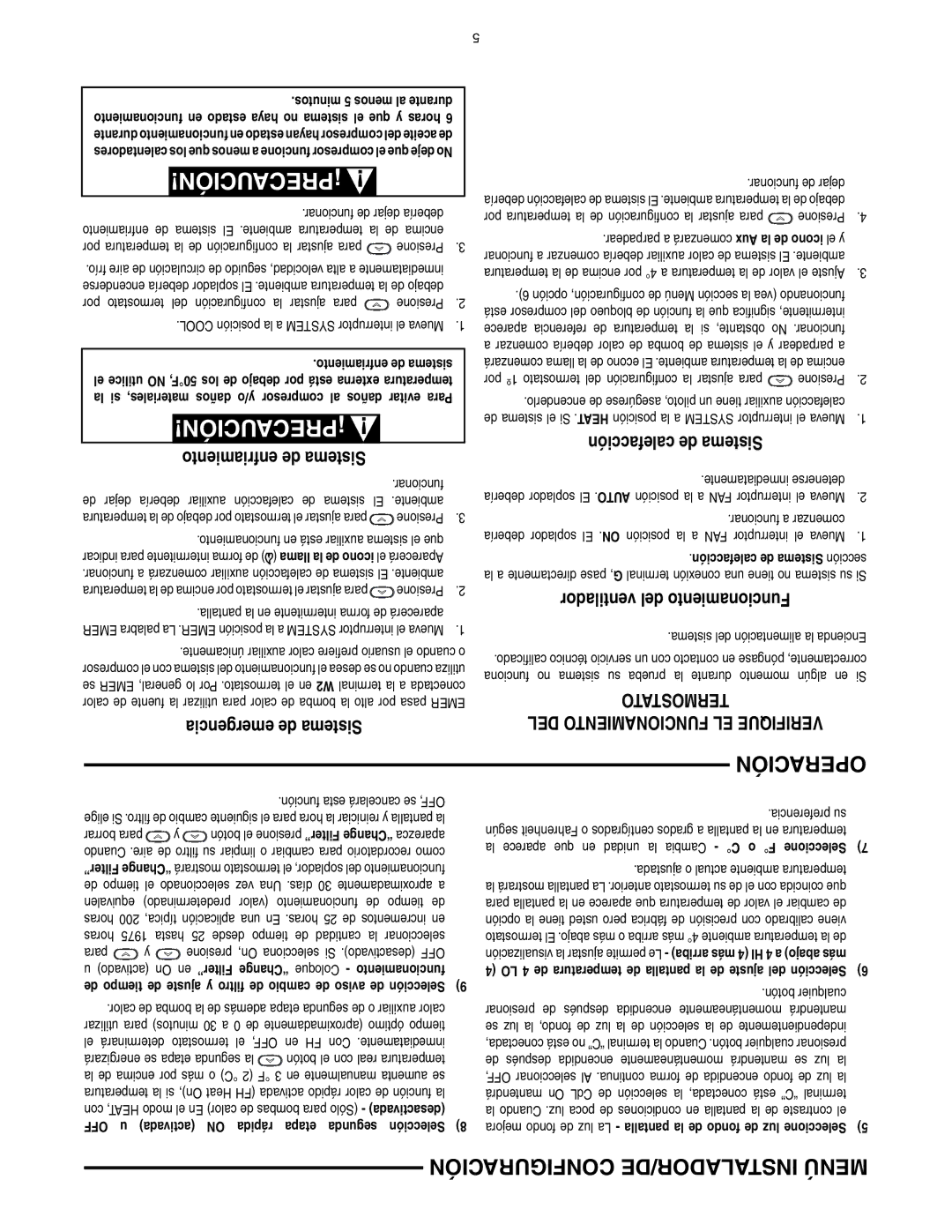 White Rodgers 1F89-0211 Operación, Configuración INSTALADOR/DE Menú, Emergencia de Sistema, Ventilador del Funcionamiento 