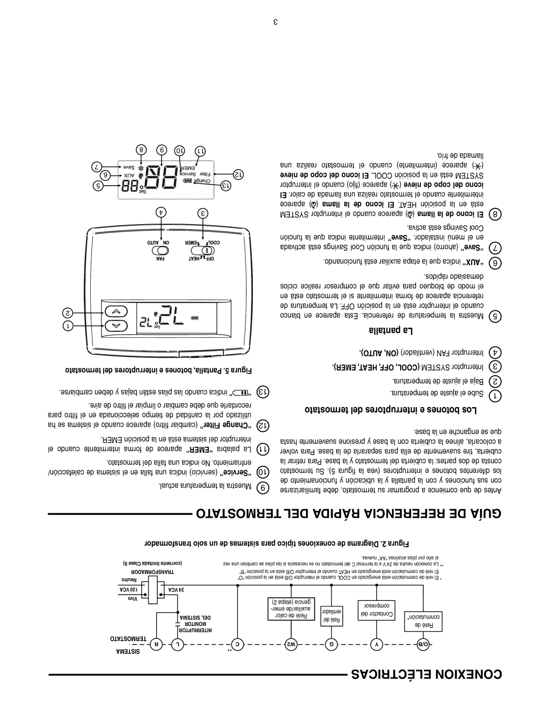 White Rodgers 1F89-0211 specifications Termostato DEL Rápida Referencia DE Guía, Eléctricas Conexion, Pantalla La, Aux 