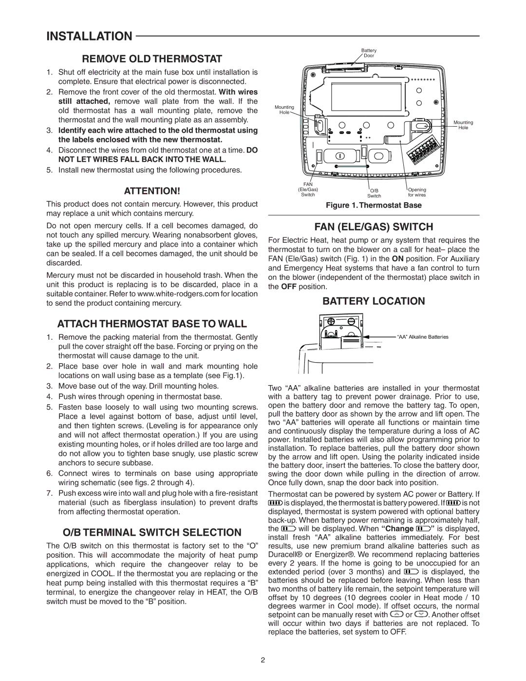 White Rodgers 1F89-0211 specifications Installation 