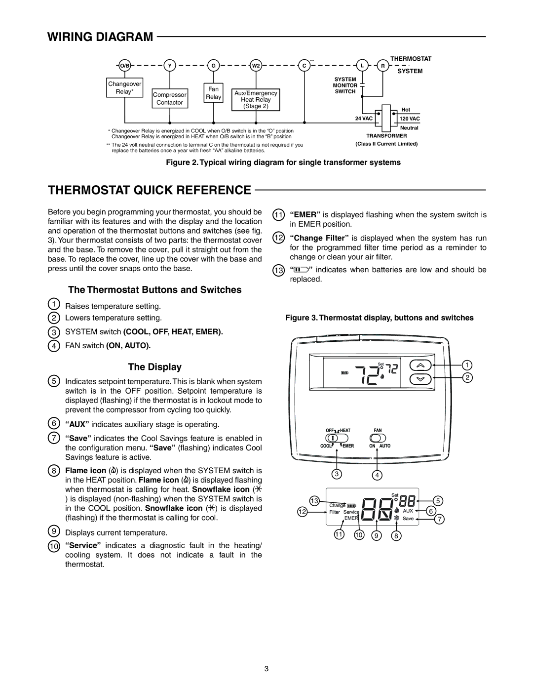 White Rodgers 1F89-0211 specifications Wiring Diagram, Thermostat Quick Reference, Thermostat Buttons and Switches, Display 