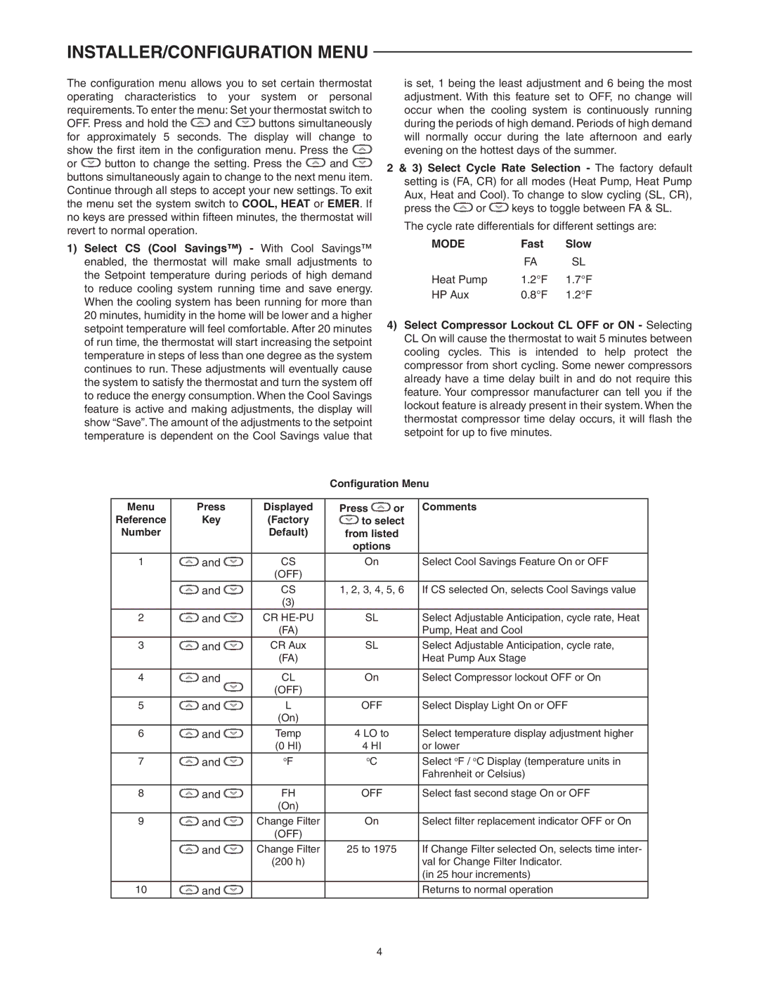 White Rodgers 1F89-0211 specifications INSTALLER/CONFIGURATION Menu, Mode, Fast Slow, Heat Pump HP Aux 