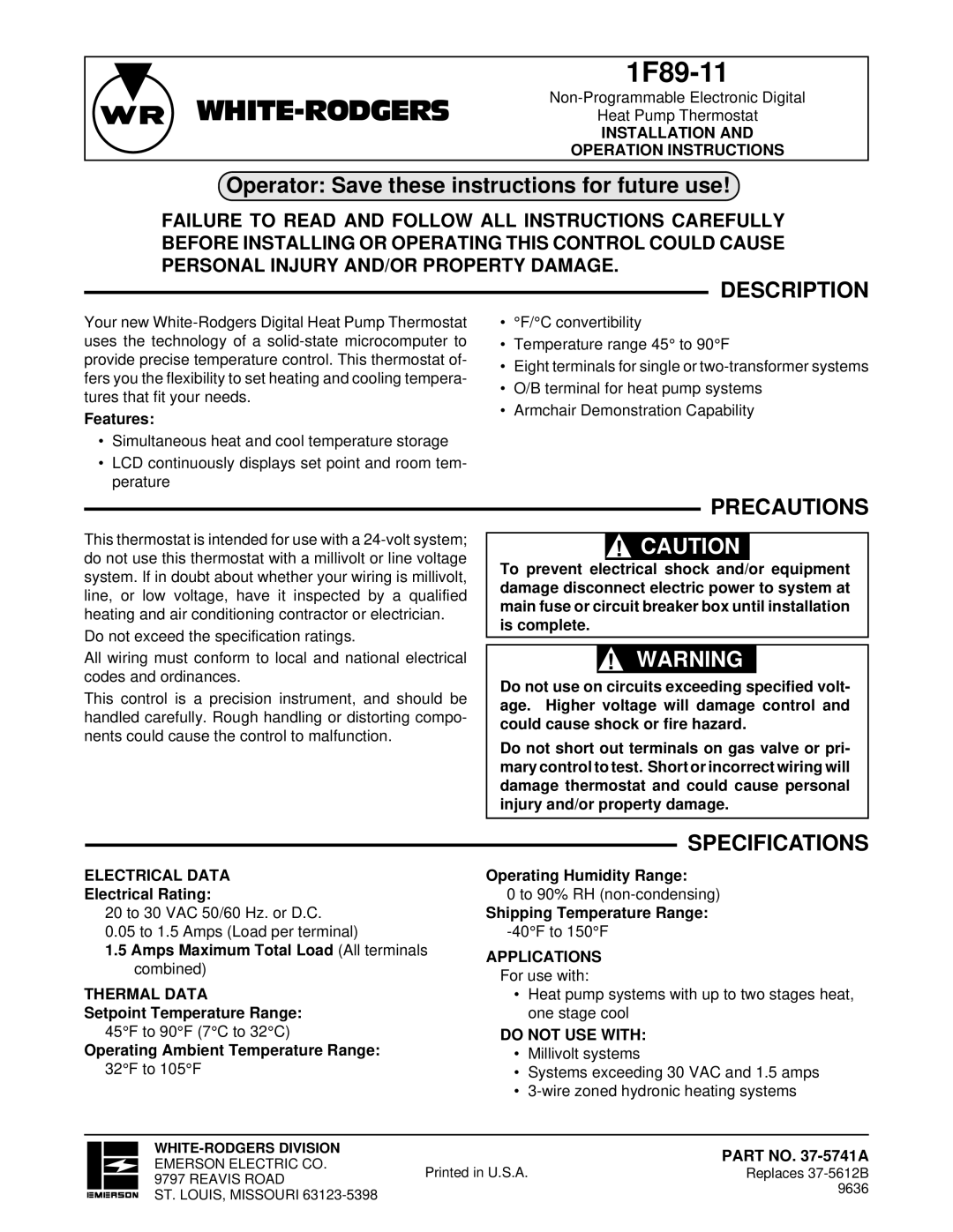 White Rodgers 1F89-11 specifications Description, Precautions, Specifications 