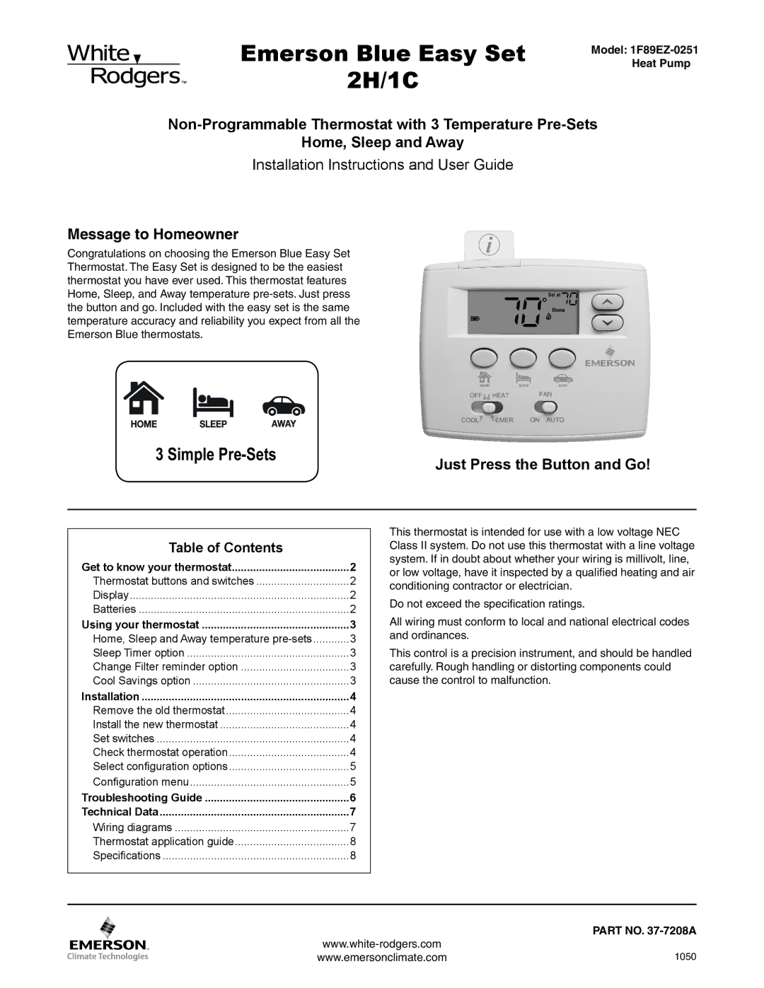 White Rodgers 1F89EZ-0251 installation instructions Emerson Blue Easy Set 2H/1C, Message to Homeowner 