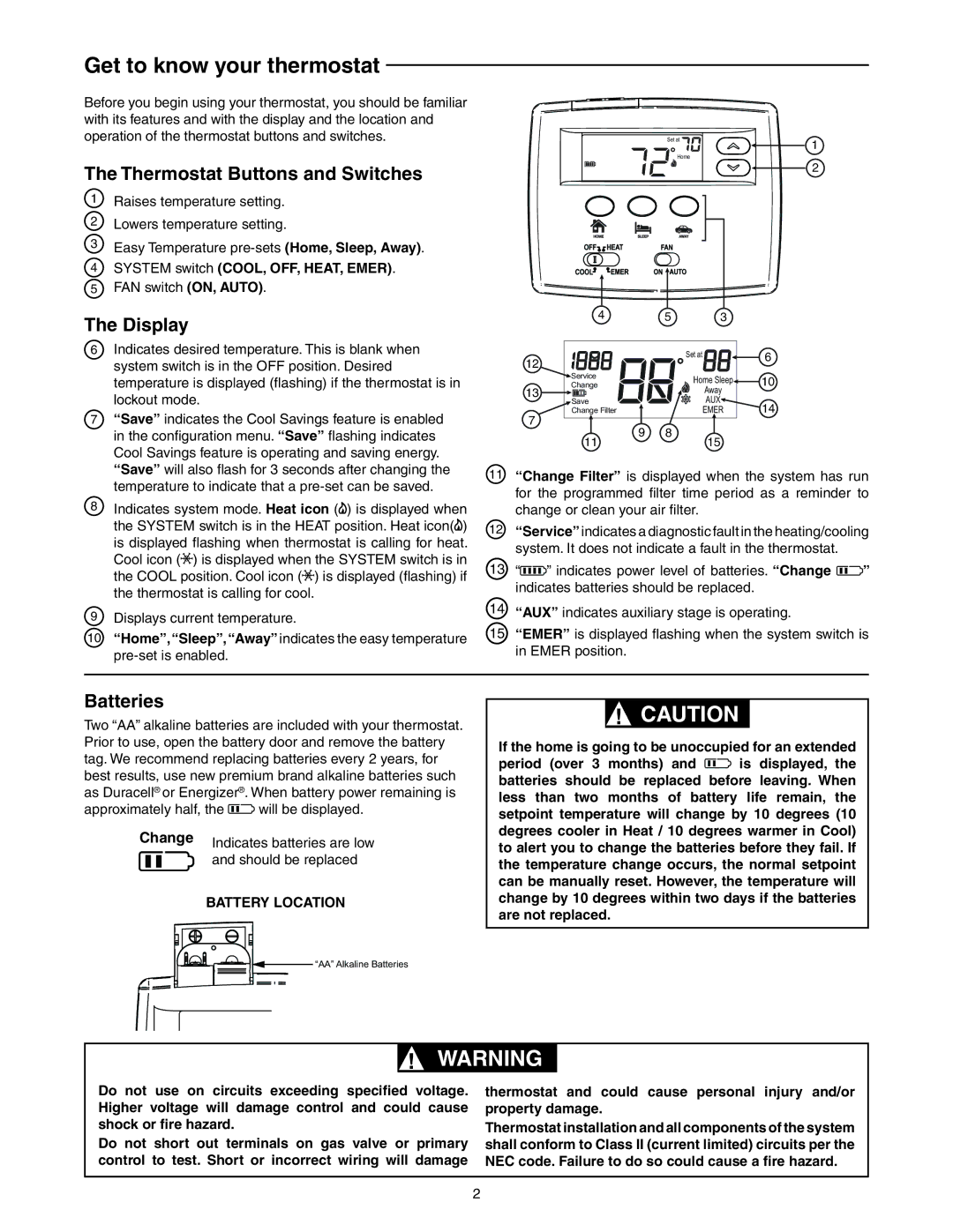 White Rodgers 1F89EZ-0251 Get to know your thermostat, Thermostat Buttons and Switches, Display, Batteries 