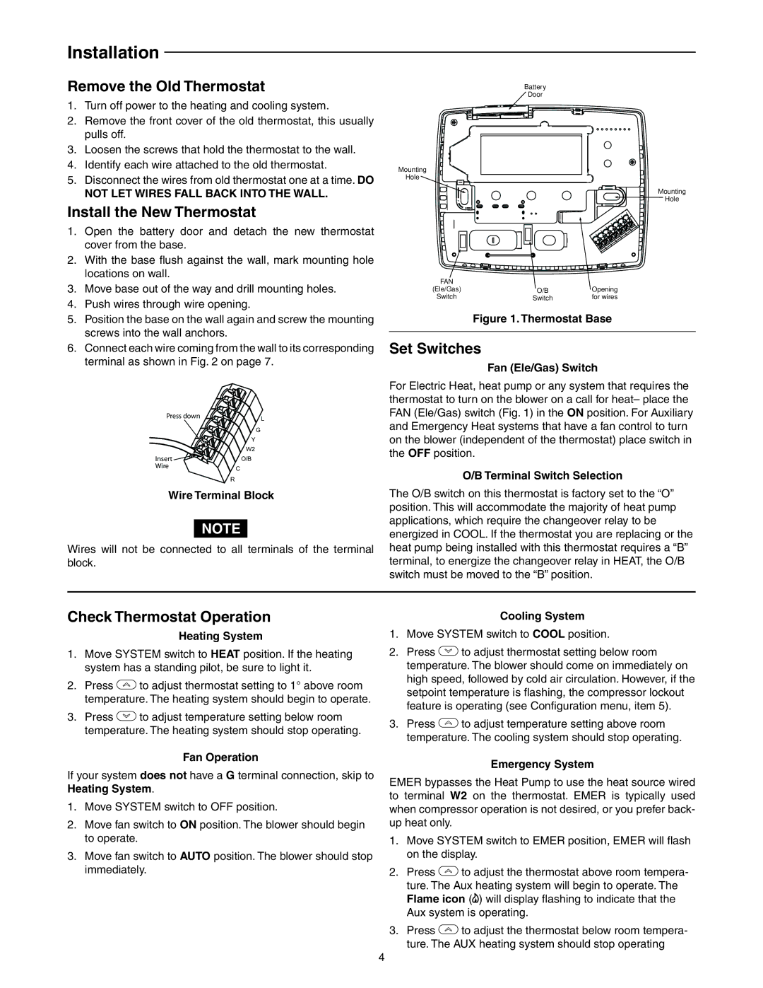 White Rodgers 1F89EZ-0251 Installation, Remove the Old Thermostat, Install the New Thermostat, Set Switches 