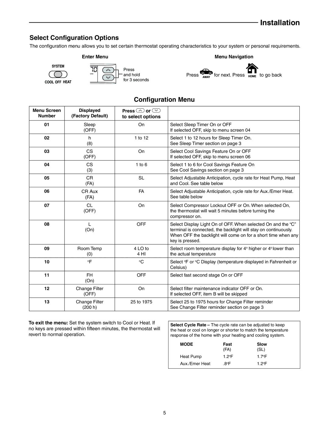 White Rodgers 1F89EZ-0251 Select Configuration Options, Configuration Menu, Enter Menu, Menu Navigation, To select options 