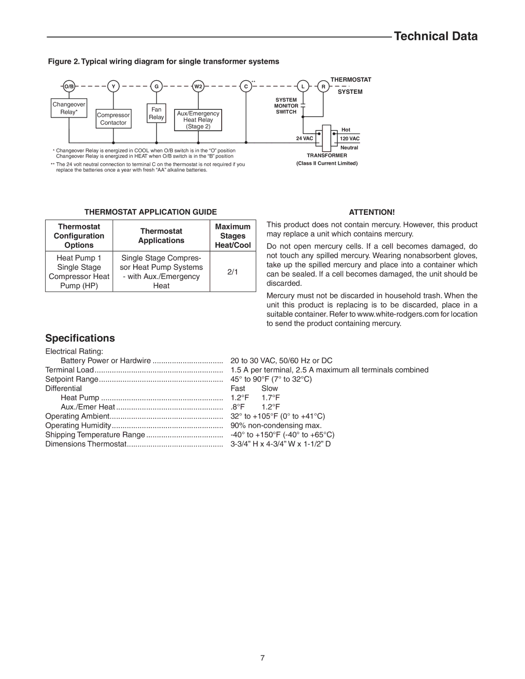 White Rodgers 1F89EZ-0251 installation instructions Technical Data, Specifications, Thermostat Application Guide 