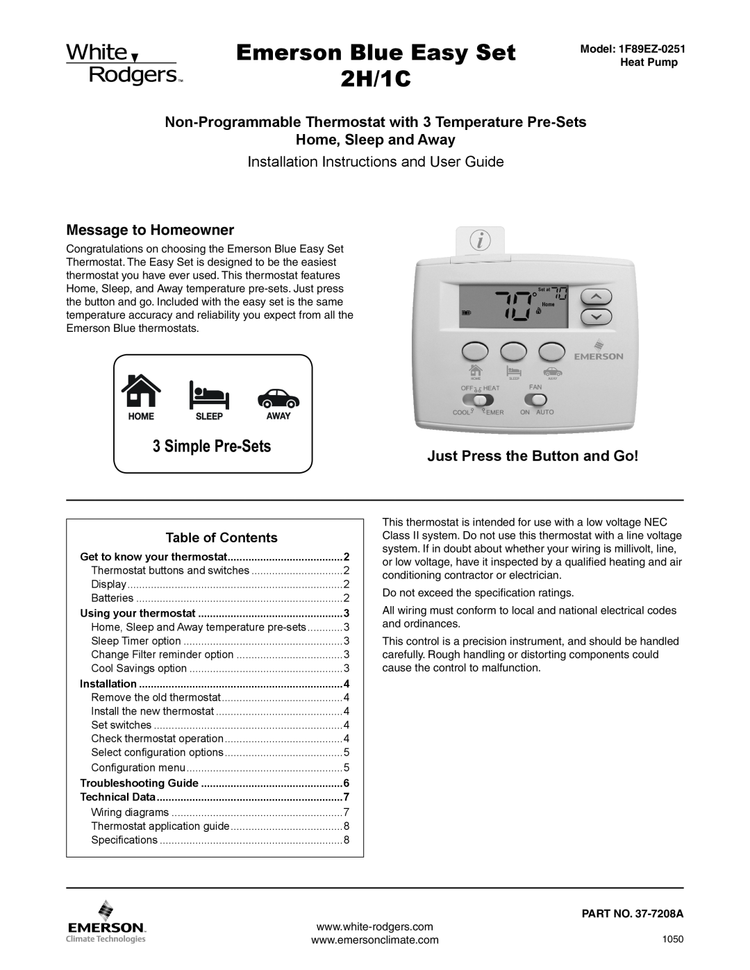 White Rodgers 1F89EZ-0251 installation instructions Message to Homeowner, Emerson Blue Easy Set 2H/1C, Simple Pre-Sets 