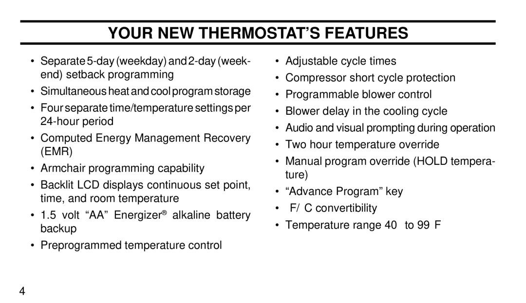 White Rodgers 1F90-51 manual Your NEW THERMOSTAT’S Features 