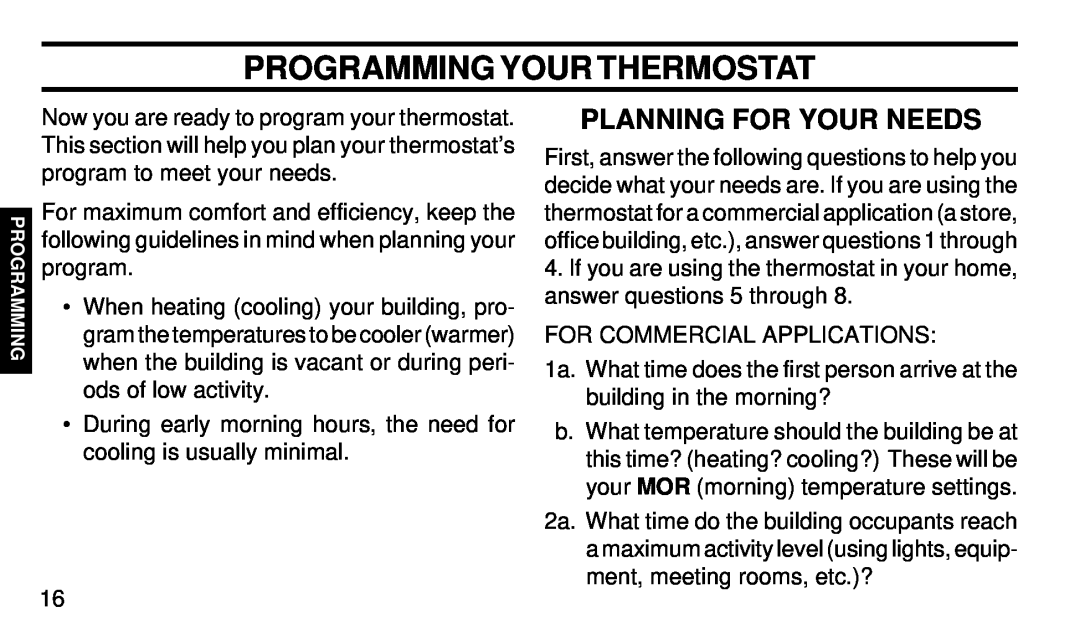 White Rodgers 1F90-51 manual Programming Your Thermostat, Planning For Your Needs 
