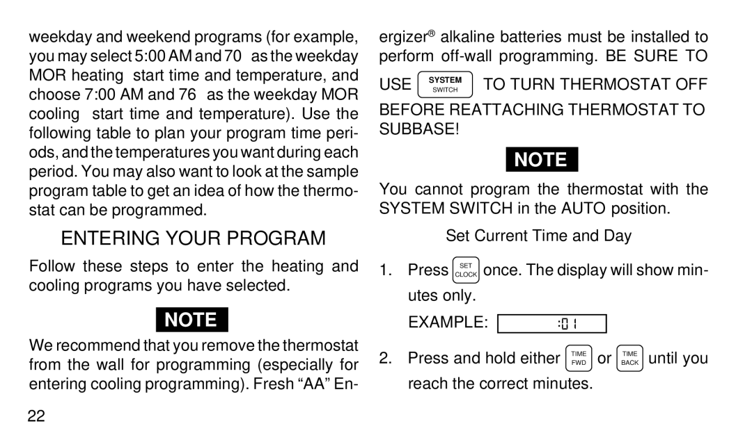 White Rodgers 1F90-71 Use, To Turn Thermostat OFF, Before Reattaching Thermostat to Subbase, Set Current Time and Day 