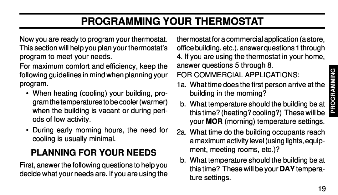White Rodgers 1F90-71 manual Programming Your Thermostat, Planning For Your Needs 