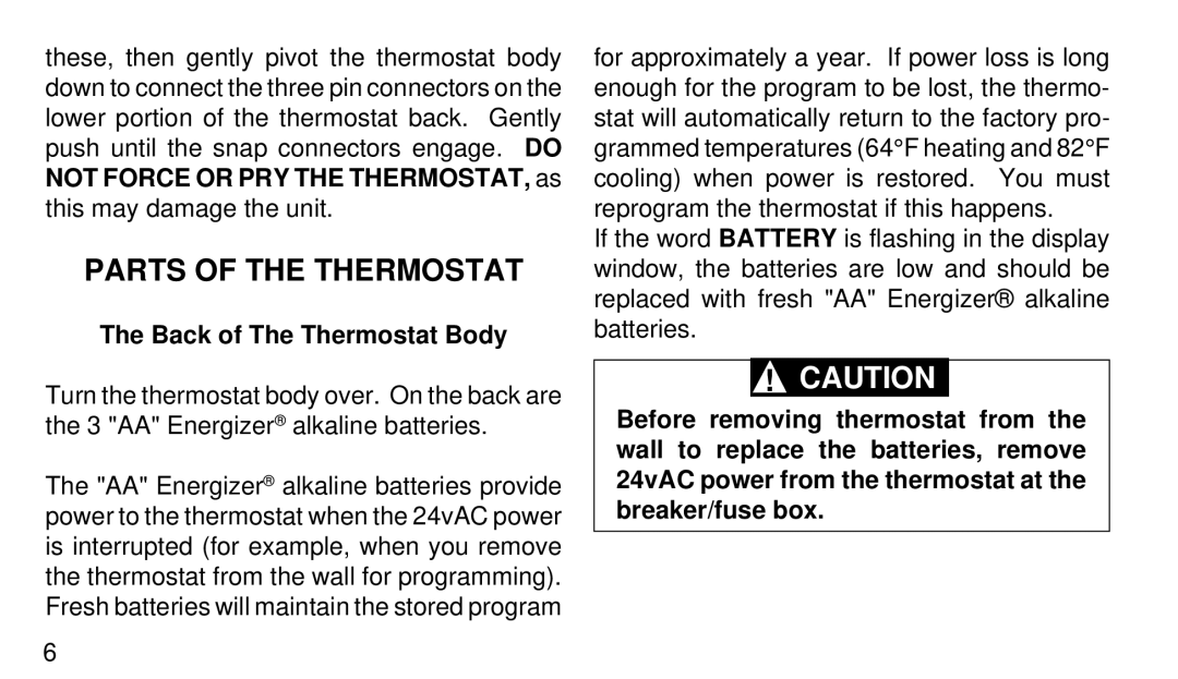 White Rodgers 1F90W-51 manual Parts of the Thermostat, Back of The Thermostat Body 