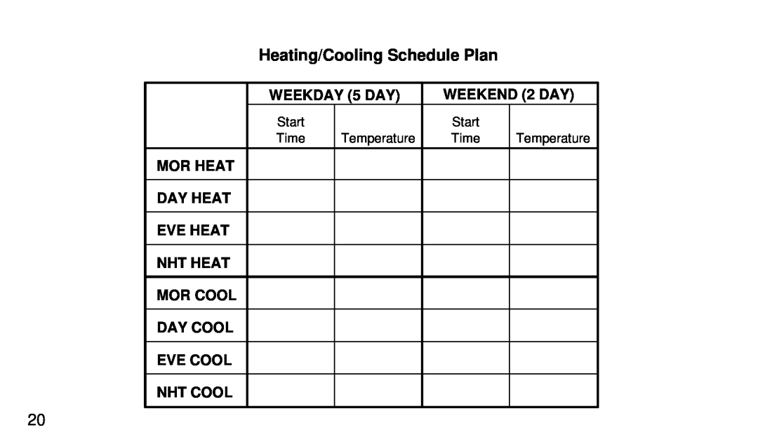 White Rodgers 1F90W-51 Heating/Cooling Schedule Plan, WEEKDAY 5 DAY, WEEKEND 2 DAY, Mor Heat, Day Heat, Eve Heat, Nht Heat 