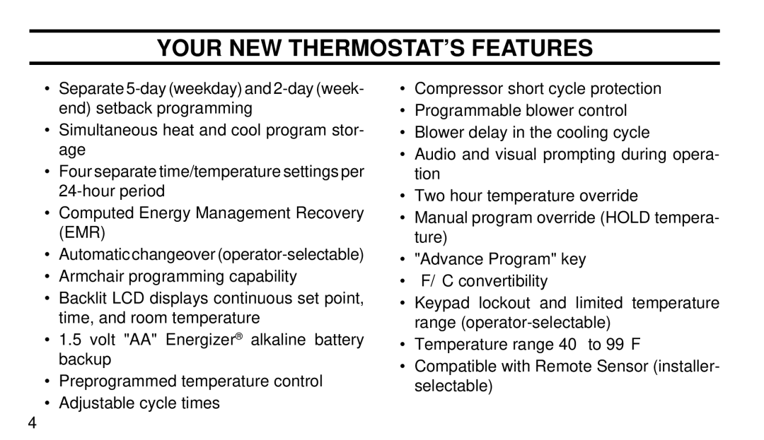 White Rodgers 1F90W-71 manual Your NEW THERMOSTAT’S Features 