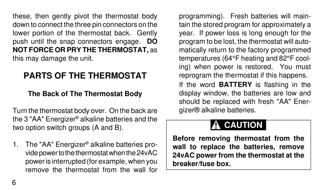 White Rodgers 1F90W-71 manual Parts of the Thermostat, Back of The Thermostat Body 