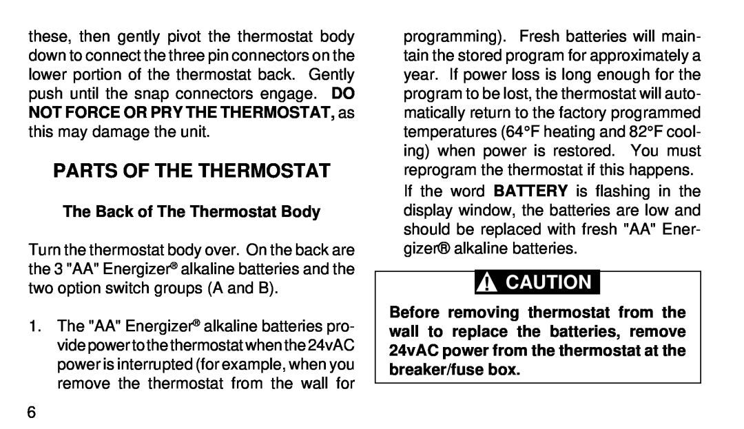 White Rodgers 1F90W-71 manual Parts Of The Thermostat, The Back of The Thermostat Body 