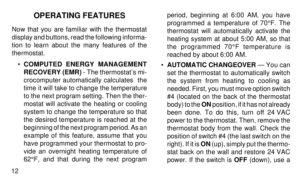 White Rodgers 1F91-71 manual Operating Features 