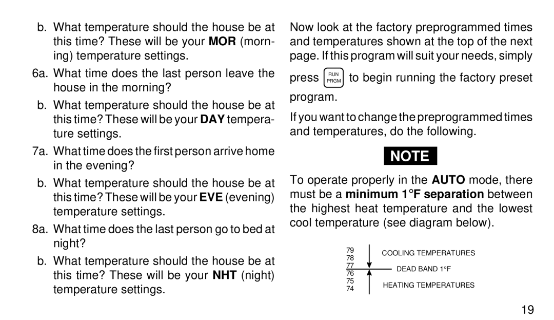 White Rodgers 1F91-71 manual Cooling Temperatures Dead Band 1 F Heating Temperatures 