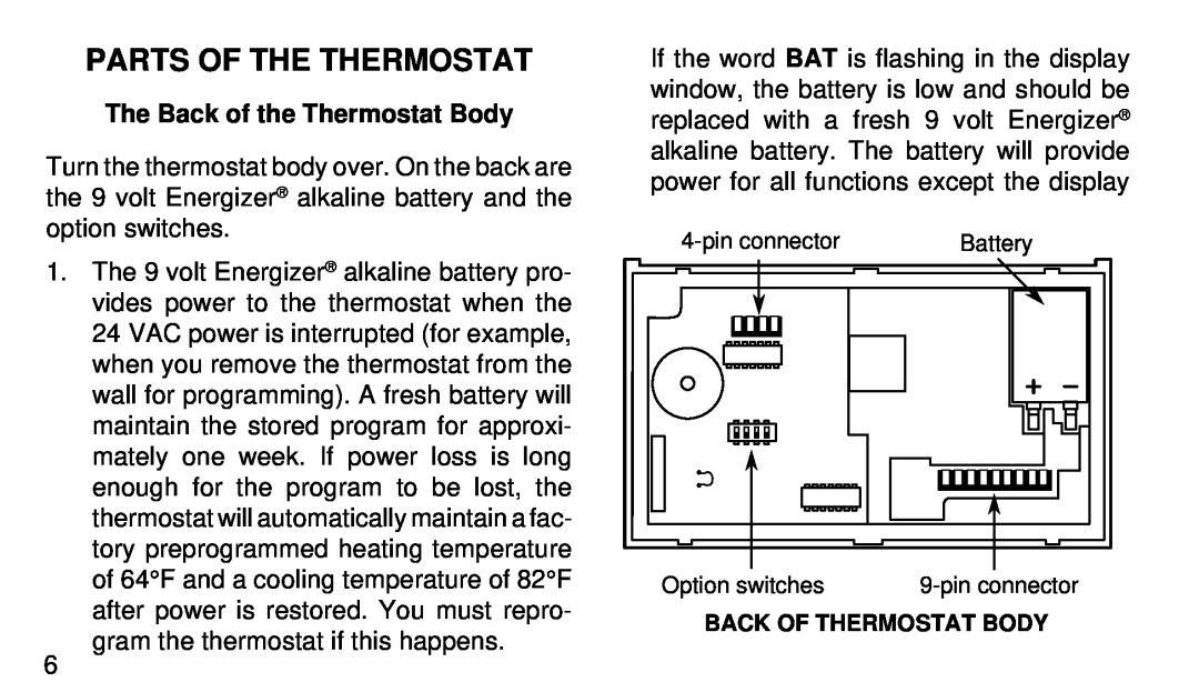 White Rodgers 1F91-71 manual Parts Of The Thermostat, The Back of the Thermostat Body 