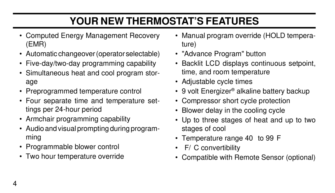 White Rodgers 1F91W-71 manual Your NEW THERMOSTAT’S Features 