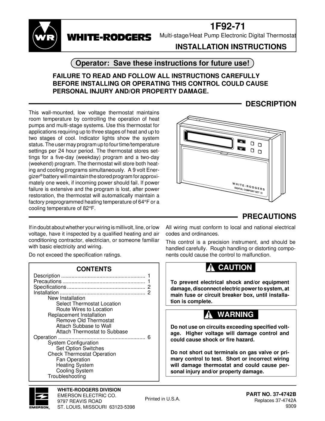 White Rodgers 1F92-71 installation instructions Installation Instructions, Description, Precautions, Contents 