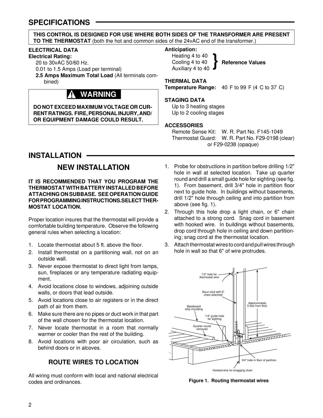 White Rodgers 1F92-71 installation instructions Specifications, Installation NEW Installation, Route Wires to Location 