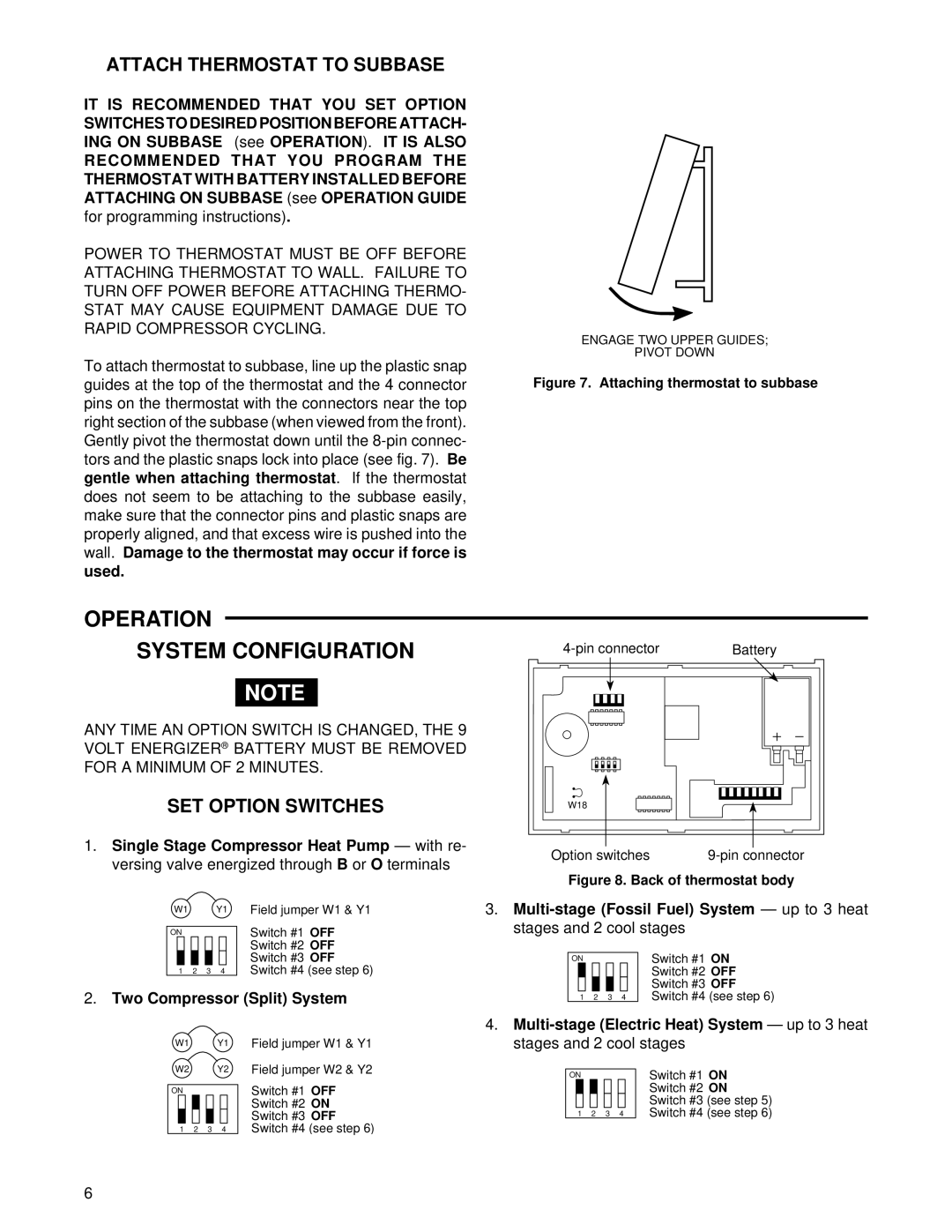 White Rodgers 1F92-71 Operation System Configuration, Attach Thermostat to Subbase, SET Option Switches 