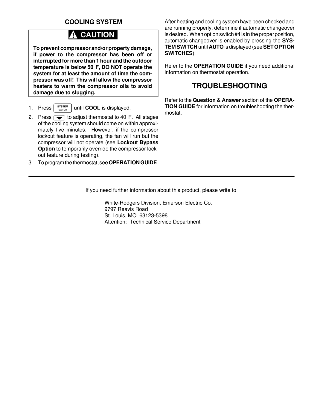 White Rodgers 1F92-71 installation instructions Troubleshooting, Cooling System 