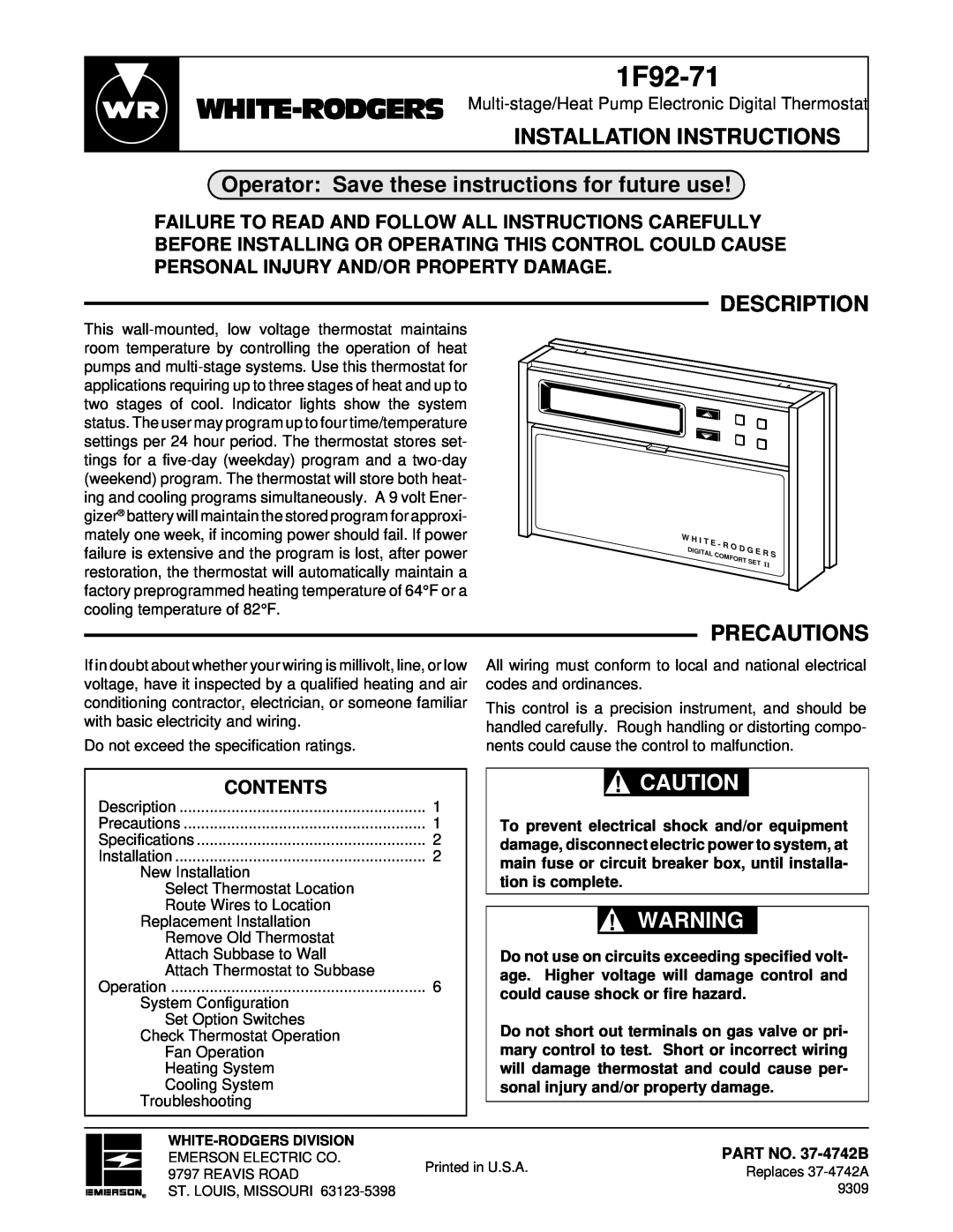 White Rodgers 1F92-71 installation instructions Installation Instructions, Operator Save these instructions for future use 