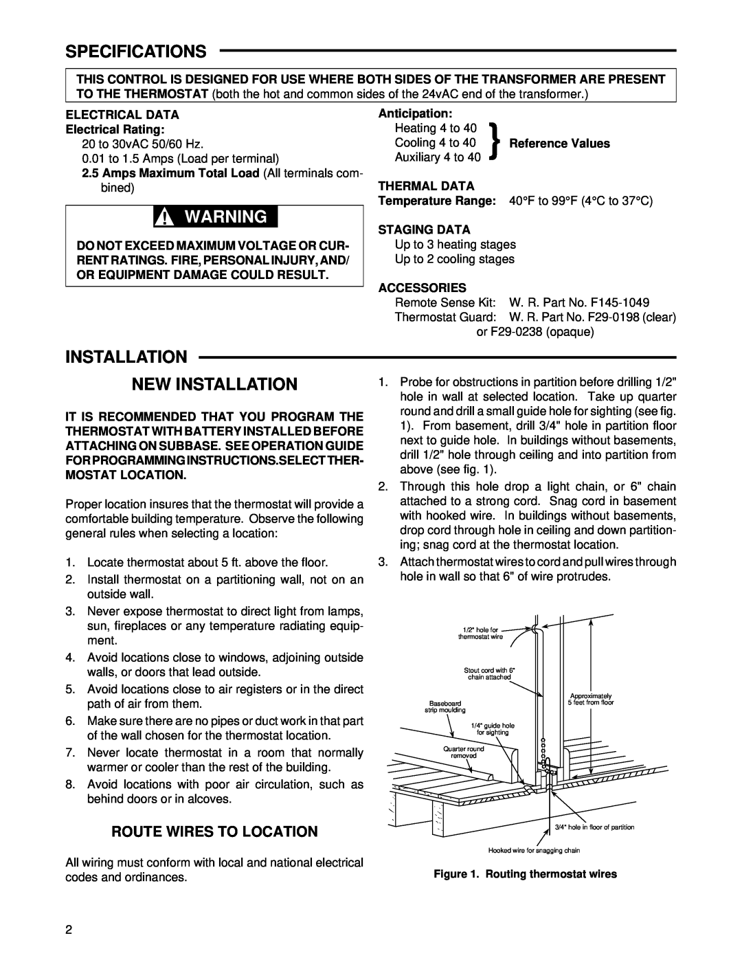 White Rodgers 1F92-71 installation instructions Specifications, Installation New Installation, Route Wires To Location 