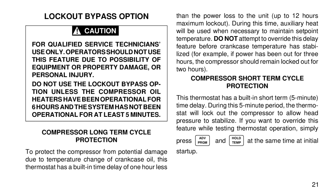 White Rodgers 1F92W-51 manual Lockout Bypass Option, Compressor Short Term Cycle Protection, Press 