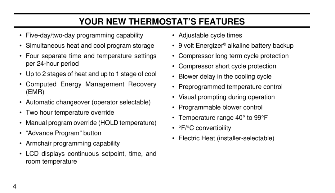 White Rodgers 1F92W-51 manual Your NEW THERMOSTAT’S Features 