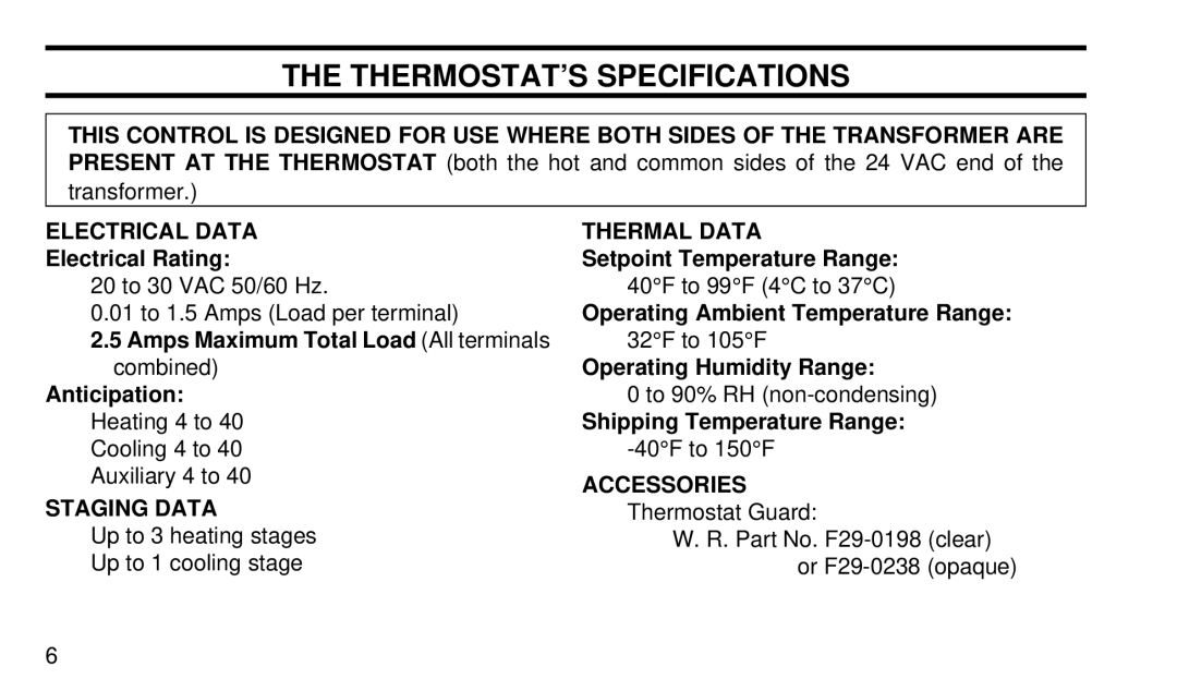 White Rodgers 1F92W-51 manual THERMOSTAT’S Specifications, Electrical Data Thermal Data, Accessories, Staging Data 