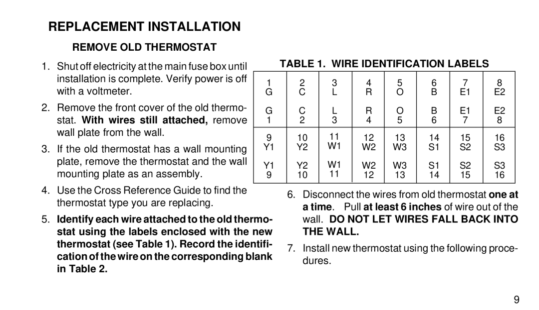 White Rodgers 1F92W-51 manual Replacement Installation, Remove OLD Thermostat, Wire Identification Labels, Wall 