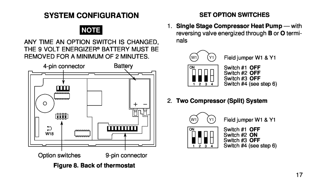 White Rodgers 1F92W-51 manual System Configuration, Set Option Switches, Two Compressor Split System, Back of thermostat 