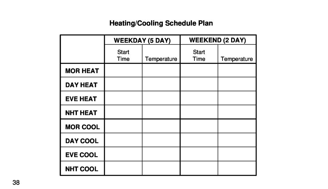 White Rodgers 1F92W-51 Heating/Cooling Schedule Plan, WEEKDAY 5 DAY, WEEKEND 2 DAY, Mor Heat, Day Heat, Eve Heat, Nht Heat 